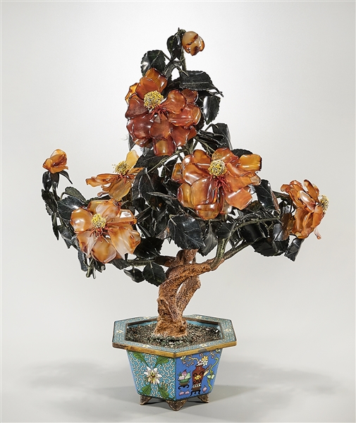 Appraisal: Chinese hardstone tree with flowers in cloisonne box x x