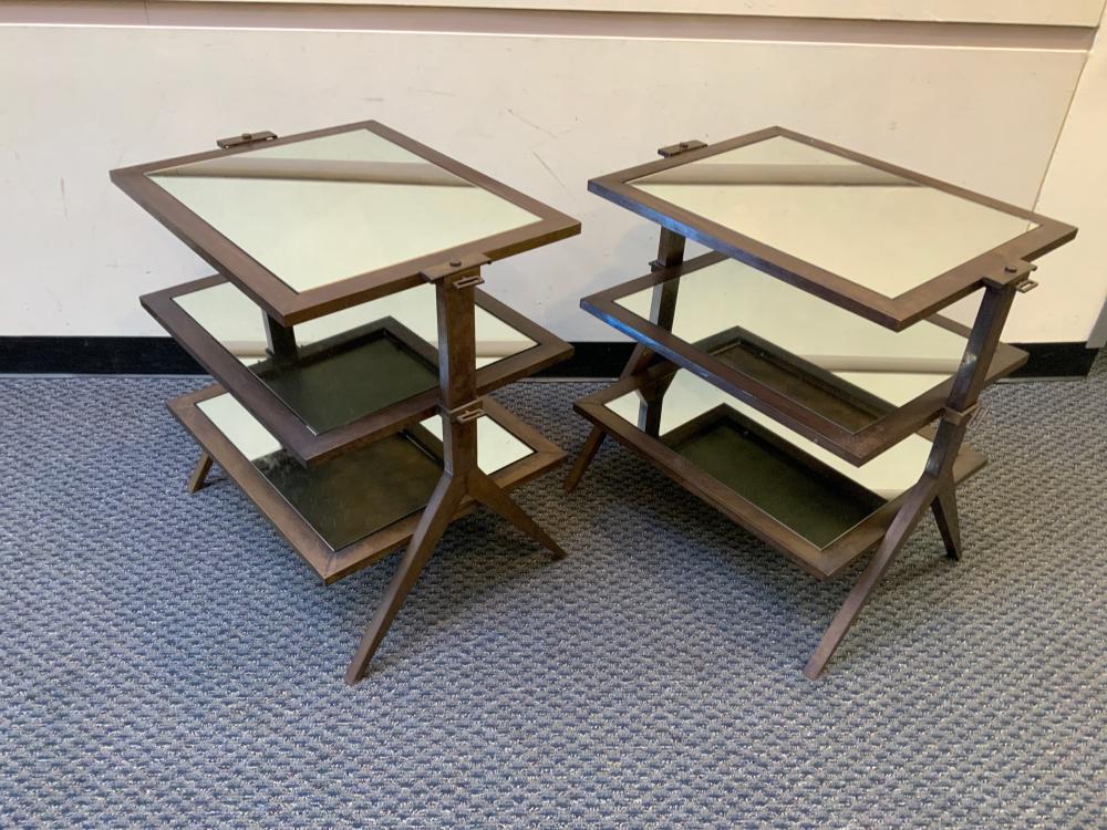 Appraisal: PAIR MODERN STAINED WOOD MIRRORED THREE-TIER SIDE TABLESPair Modern Stained