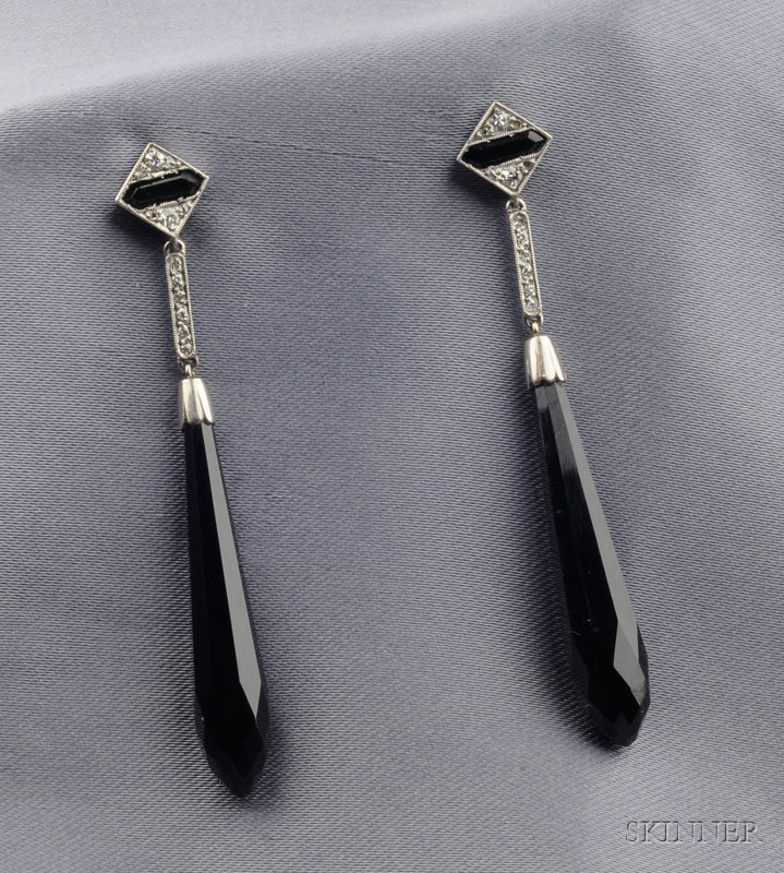 Appraisal: Platinum Onyx and Diamond Earpendants each designed as a shaped