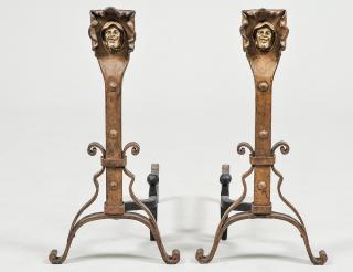 Appraisal: PAIR OF BRASS AND WROUGHT IRON ANDIRONS Each with male