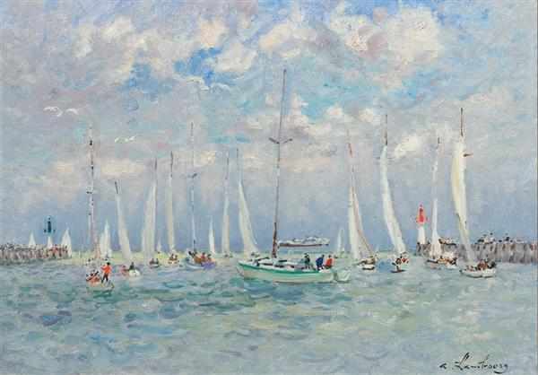 Appraisal: ANDRE HAMBOURG French - Regatta Palm Beach oil on canvas