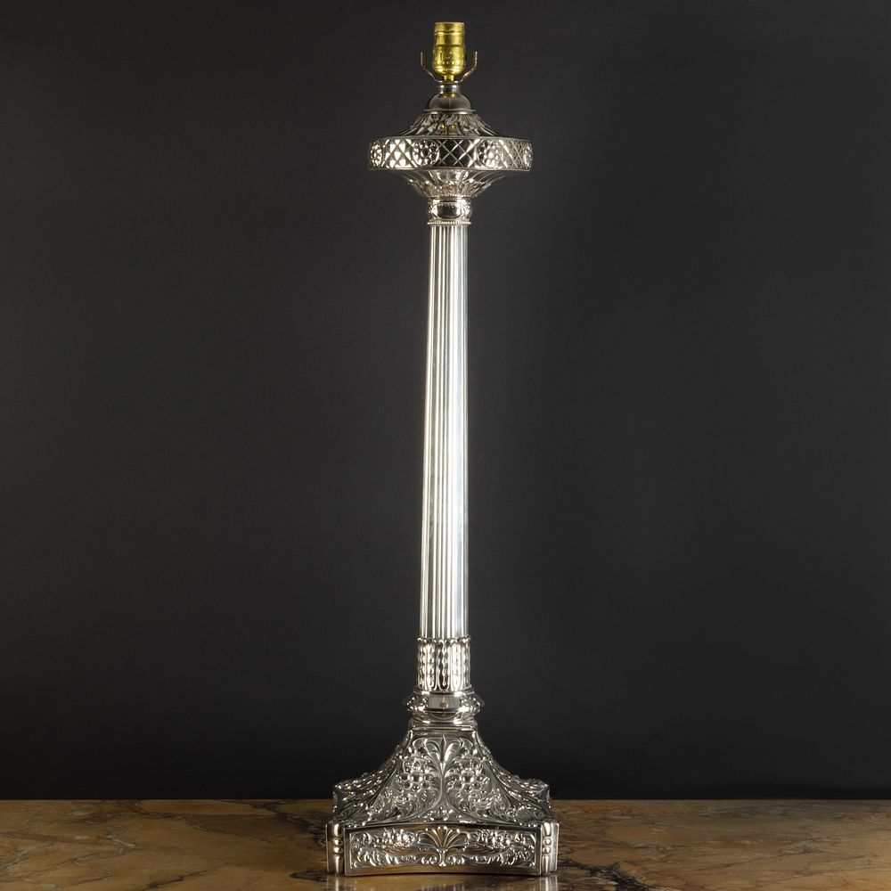 Appraisal: English Silver Plate Columnar Lamp x x in to socket