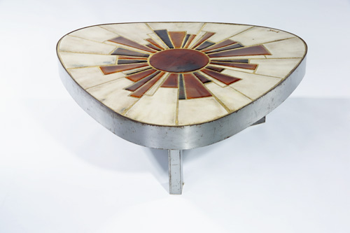 Appraisal: ROGER CAPRON Attr Three-sided tile-top coffee table with stylized sunburst