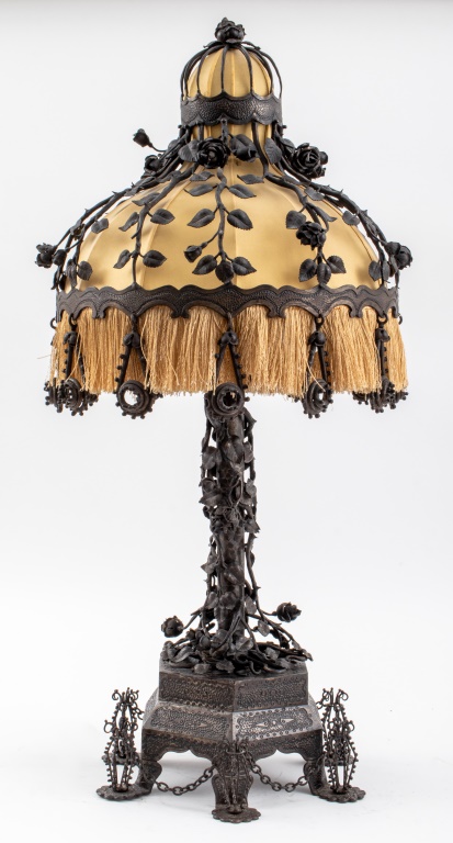 Appraisal: OSCAR BACH ATTR IRON ROSE MOTIF TABLE LAMP Oscar Bruno