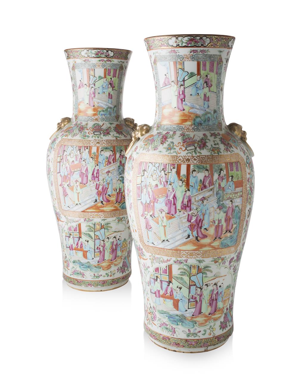 Appraisal: LARGE PAIR OF CHINESE CANTON FAMILLE ROSE PORCELAIN VASES TH