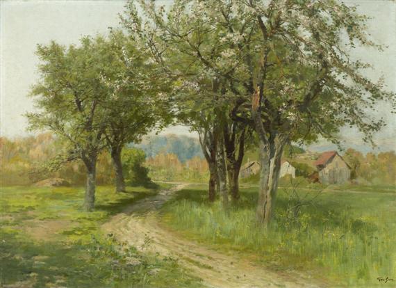 Appraisal: GRISON ADOLPHE Bordeaux Landscape with trees in blossom Oil on