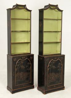 Appraisal: PAIR OF ENGLISH CHINOISERIE LACQUERED BOOKCASES PAIR OF PETITE ENGLISH