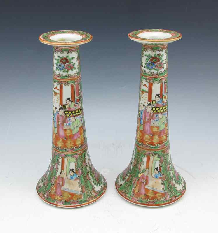 Appraisal: PAIR ROSE MEDALLION CANDLESTICKS ''H