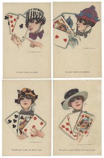 Appraisal: Set of Four Italian Art Deco Playing Card Postcards Circa