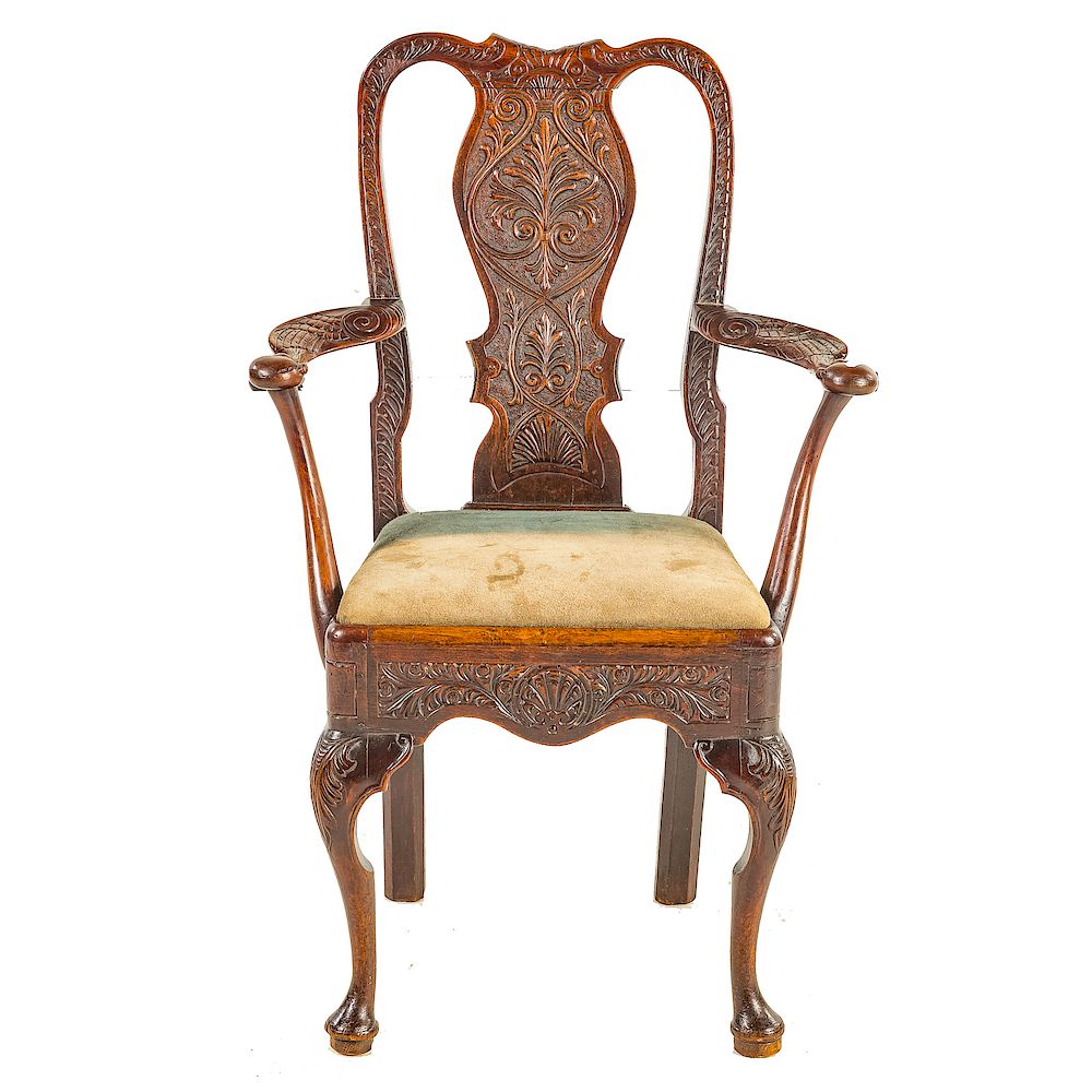 Appraisal: Queen Anne style carved arm chair mid th century shaped