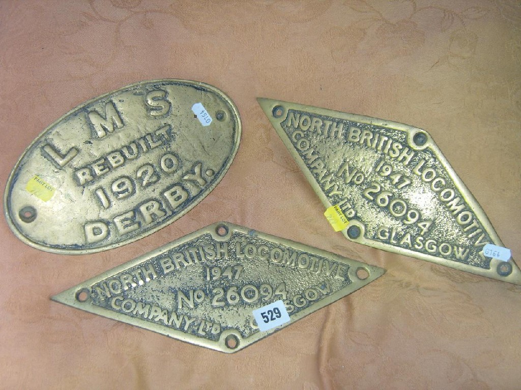 Appraisal: Three cast brass locomotive plates two inscribed North British Locomotive