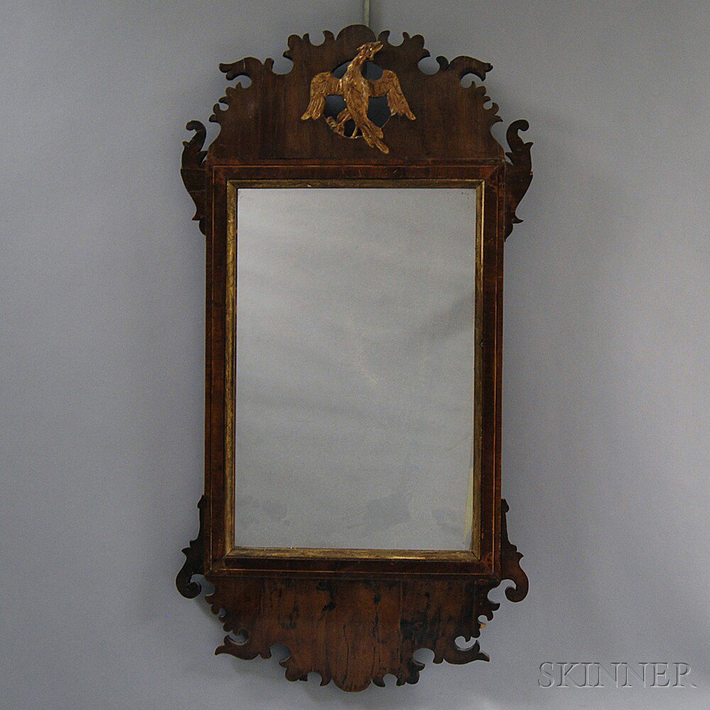 Appraisal: Chippendale Carved and Inlaid Mahogany Scroll-frame Mirror th century the