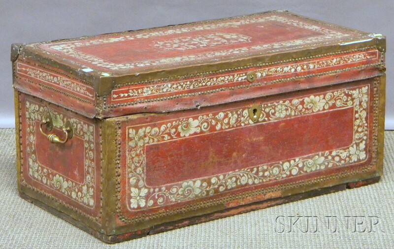 Appraisal: Chinese Export Brass-bound Polychrome Paint-decorated Pigskin-clad Camphorwood Trunk ht lg