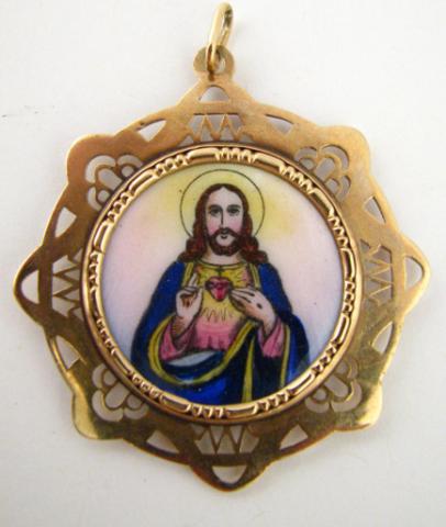 Appraisal: K Yellow Gold Enameled -sided Pendant depicting Jesus and Mary