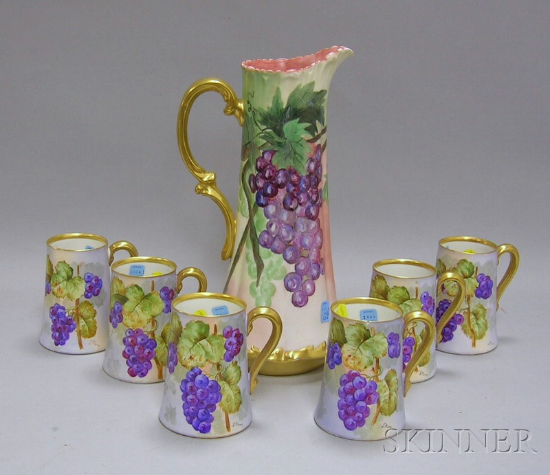 Appraisal: Set of Six Hand-painted Grapevine Decorated Limoges Porcelain Mugs and