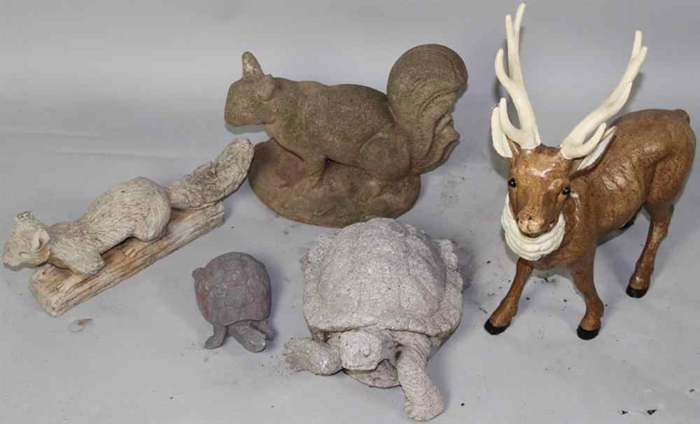 Appraisal: A COLLECTION OF GARDEN ANIMALS Including two cast stone squirrels