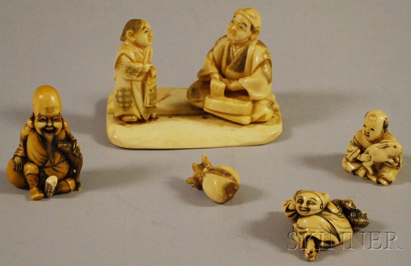 Appraisal: Japanese Carved Ivory Figural Group and Three Netsuke ivory figure