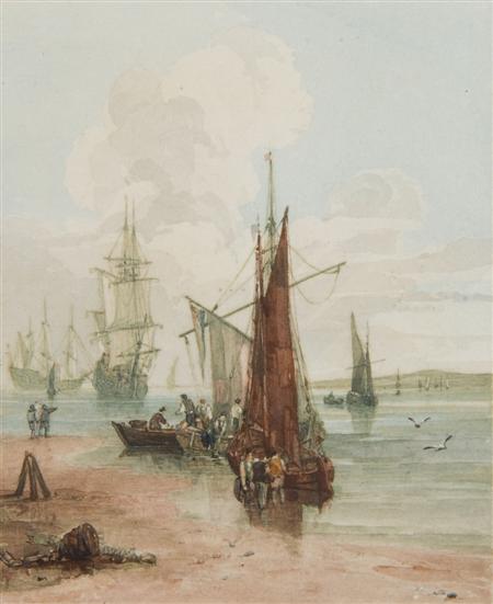 Appraisal: SAMUEL OWEN - UNLOADING THE BOATS Watercolour cm x cm