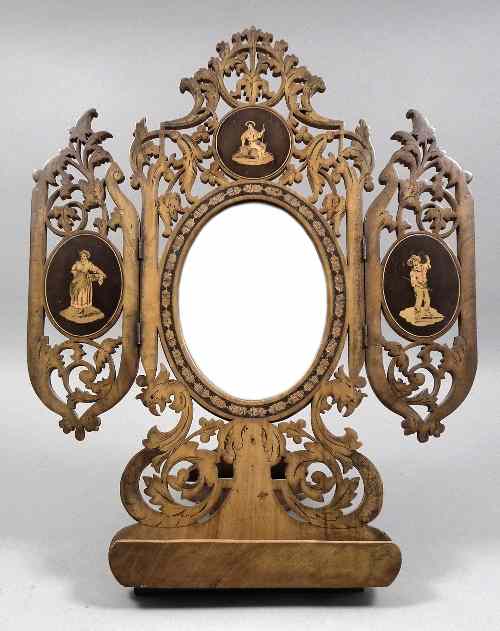 Appraisal: A th Century Italian olivewood ''Sorrento Ware'' folding table mirror