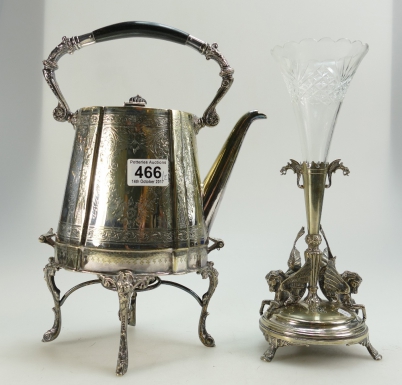 Appraisal: Silver plated Epergne and similar spirit kettle with stand height