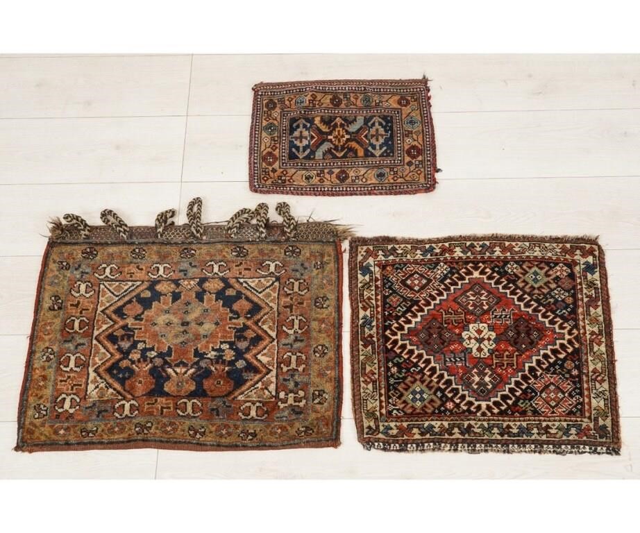 Appraisal: Tribal bag face together with two small throw carpets Largest