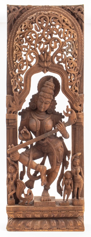 Appraisal: INDIAN CARVED WOOD GODDESS SARASWATI SCULPTURE Indian wood carving depicting