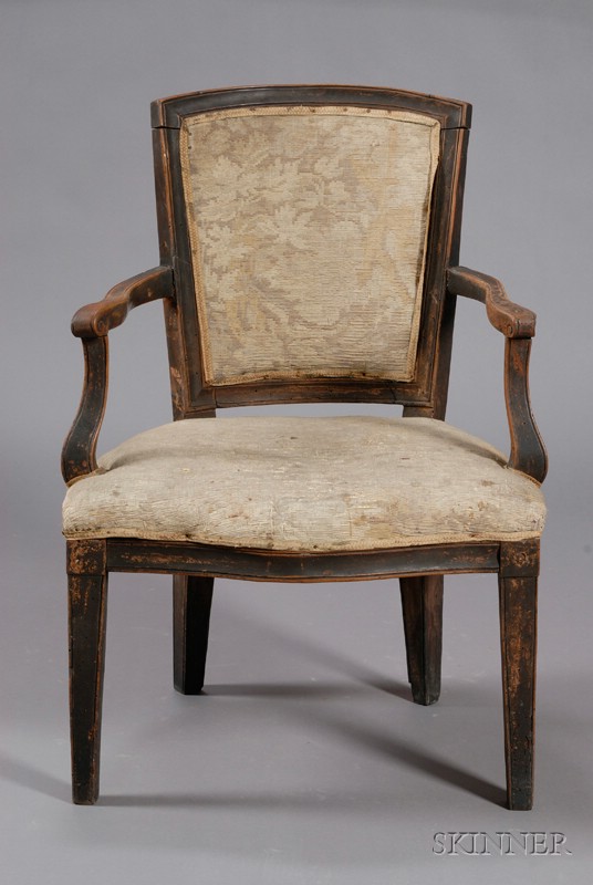 Appraisal: Italian Neoclassical Walnut Open Armchair early th century trapezoidal backrest