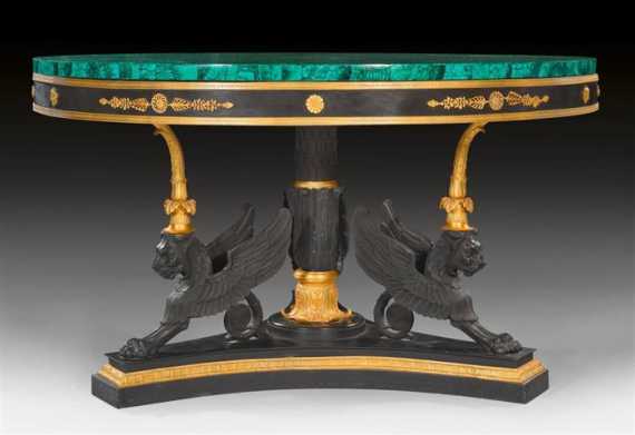 Appraisal: ROUND MALACHITE TABLE AUX LIONS AILEES Empire style probably Russia