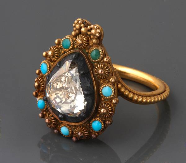 Appraisal: An antique rose-cut diamond turquoise silver-topped and gold ring