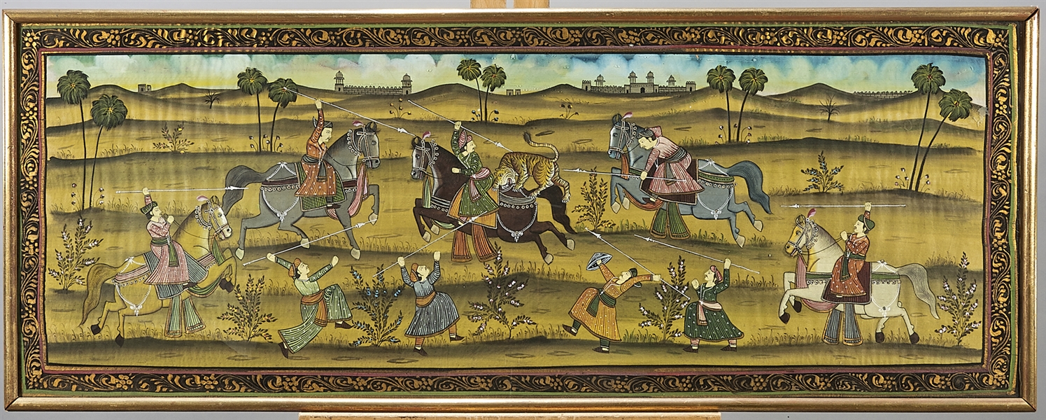 Appraisal: Indian painting on silk of a tiger hunt framed x