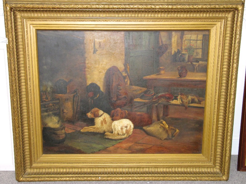 Appraisal: Oil on canvas of game dogs in an interior unsigned