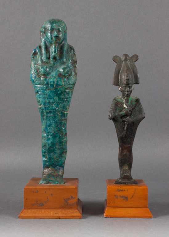 Appraisal: Ancient Egyptian bronze figure of King Osiris and a glazed