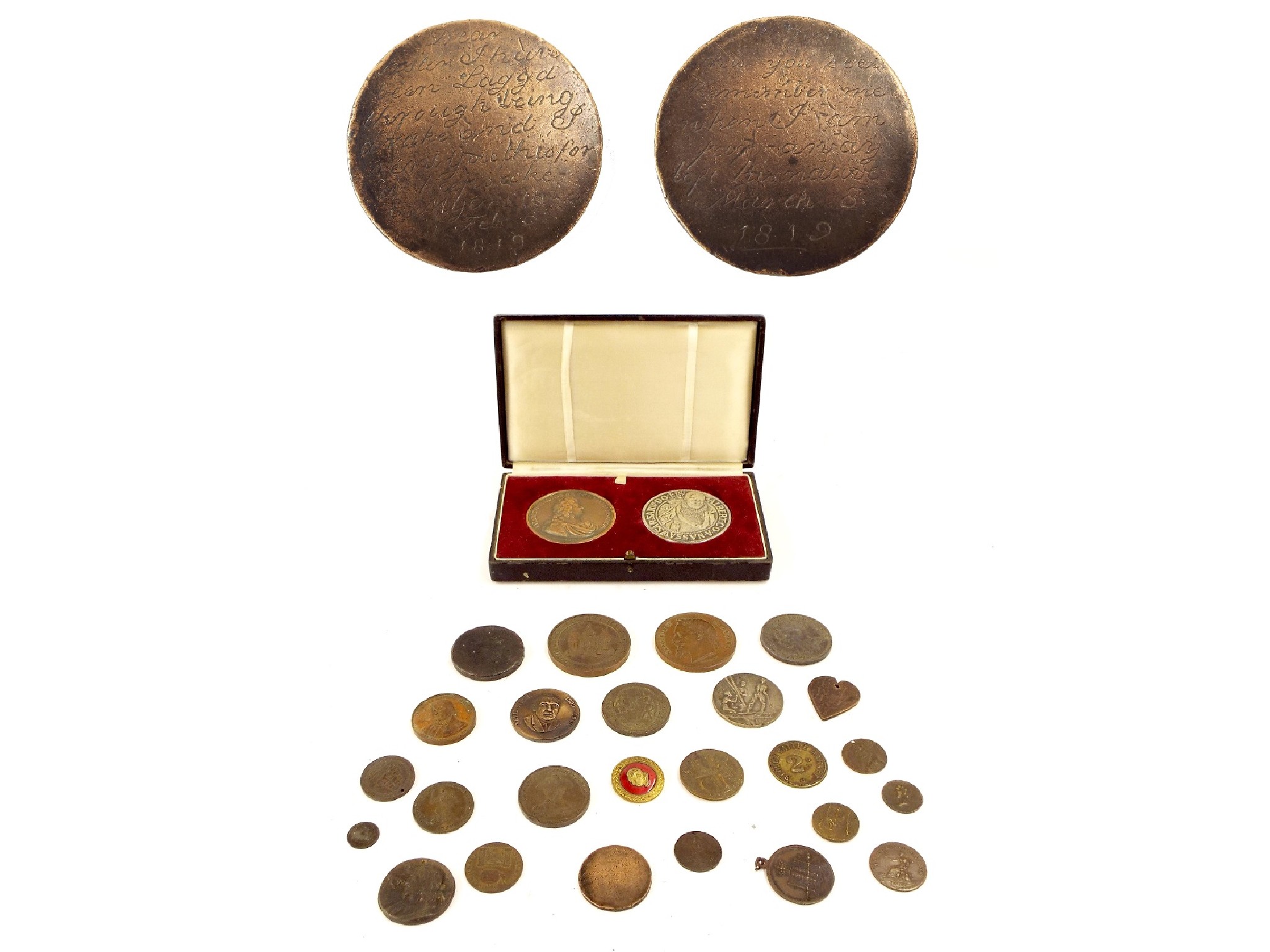 Appraisal: Collection of antique coins and tokens to include an inscribed