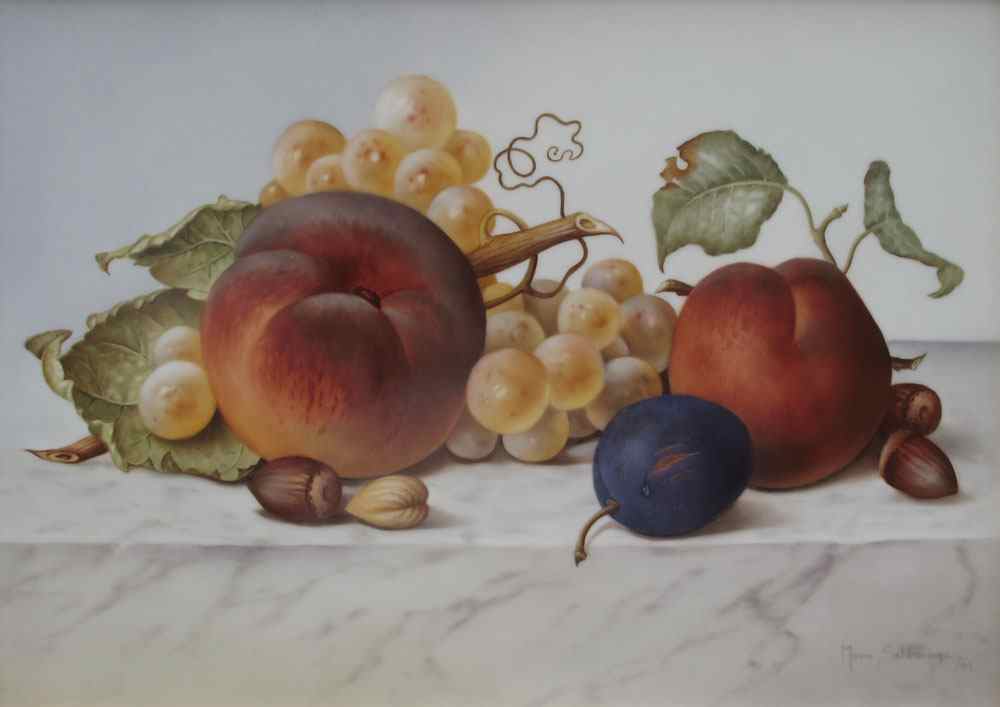 Appraisal: SALDARRIAGA Maria American th C Still Life with Grapes Peach