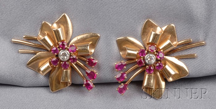 Appraisal: Retro kt Gold Ruby and Diamond Earclips Tiffany Co each