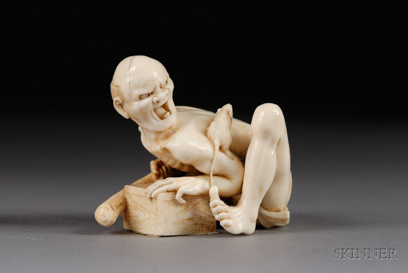 Appraisal: Ivory Carving Japan th century study of a rat catcher