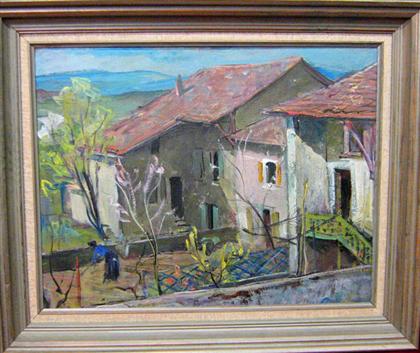 Appraisal: HERMAN SCHOLLHORN german - GARDENER IN BACK YARD Signed and