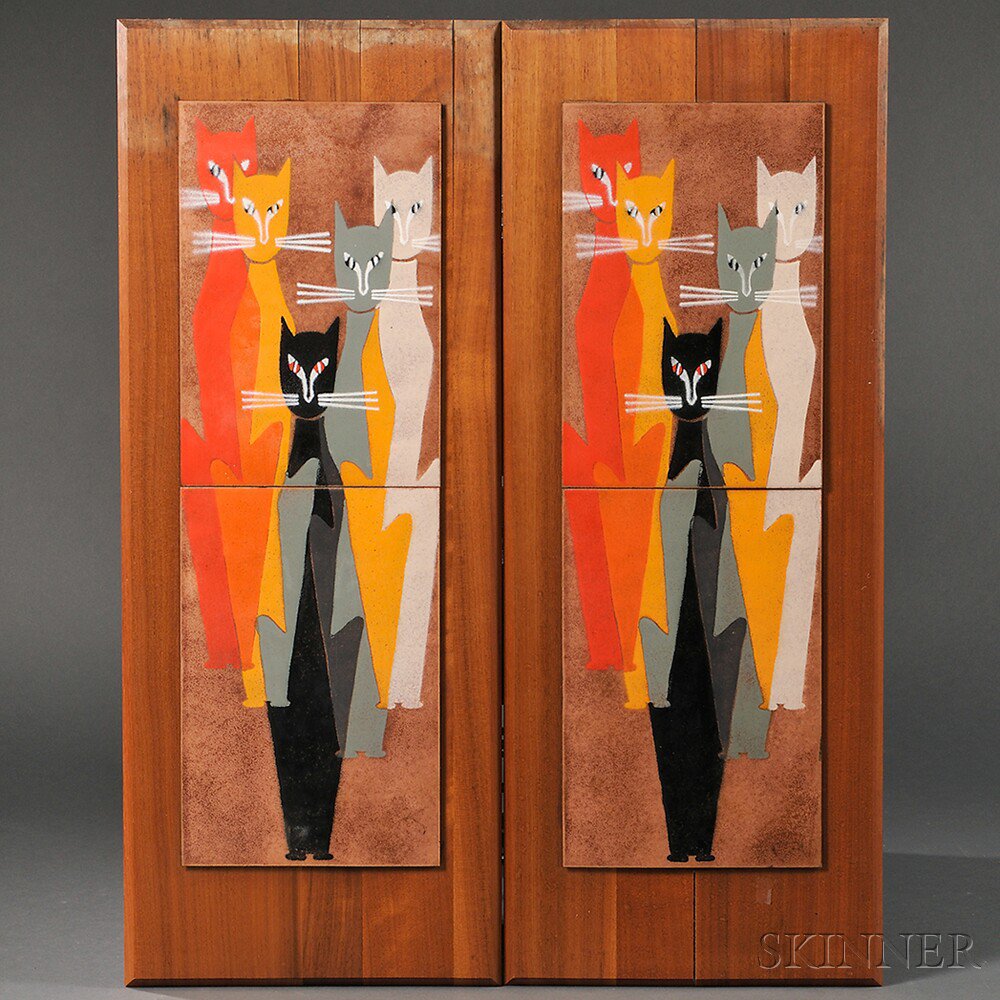 Appraisal: Two Cat-decorated Enamel Wall Plaques United States c decorated with