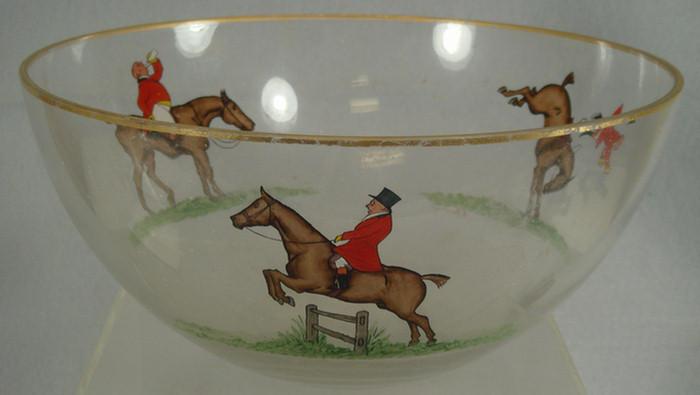 Appraisal: Round clear glass bowl with handpainted hunt scenes d h