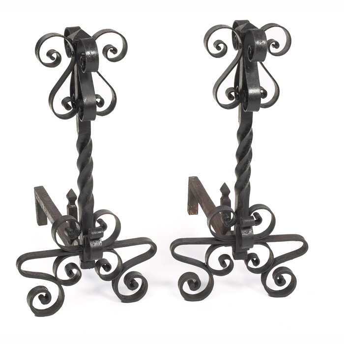 Appraisal: Arts Crafts andirons curled and twisted wrought iron with original