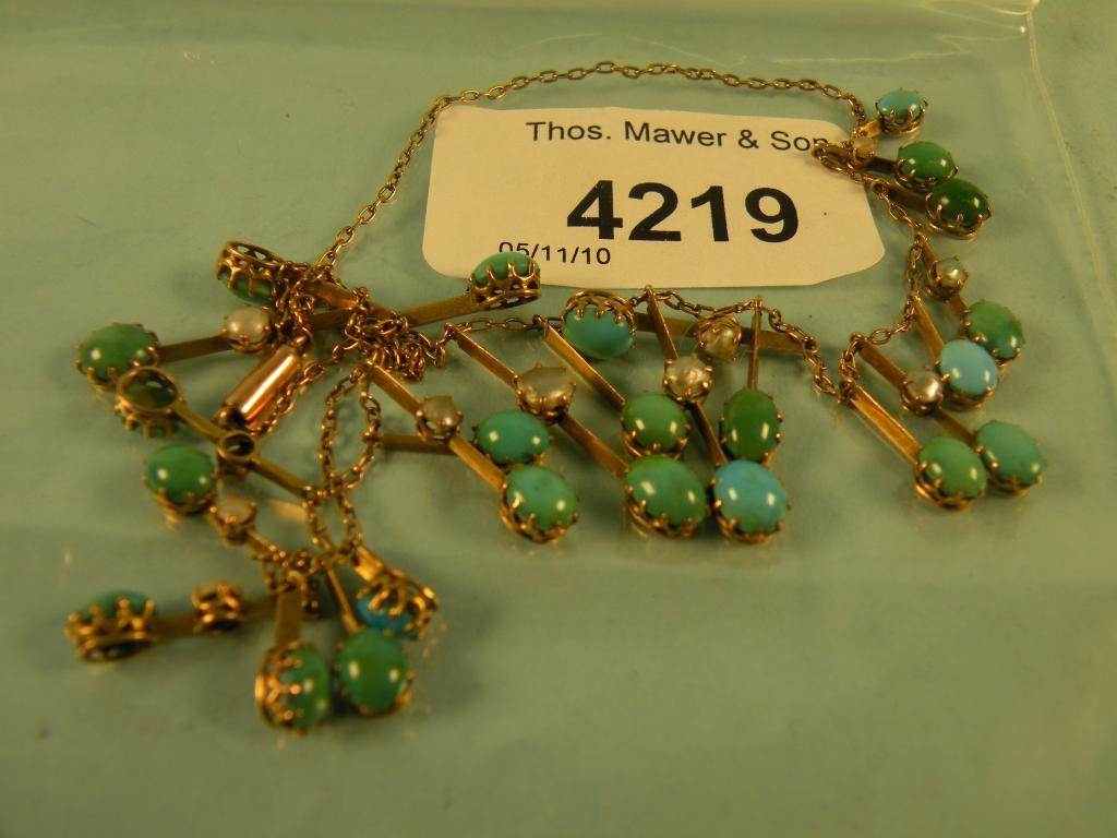 Appraisal: A gold turquoise and seed pearl necklace