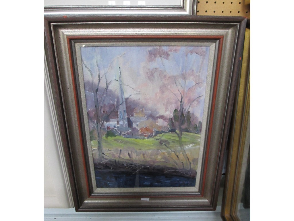 Appraisal: MARGARET BALLANTYNE Oil on board landscape with a church signed