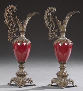 Appraisal: Pair of Victorian Porcelain and Patinated Spelter Ewers late th