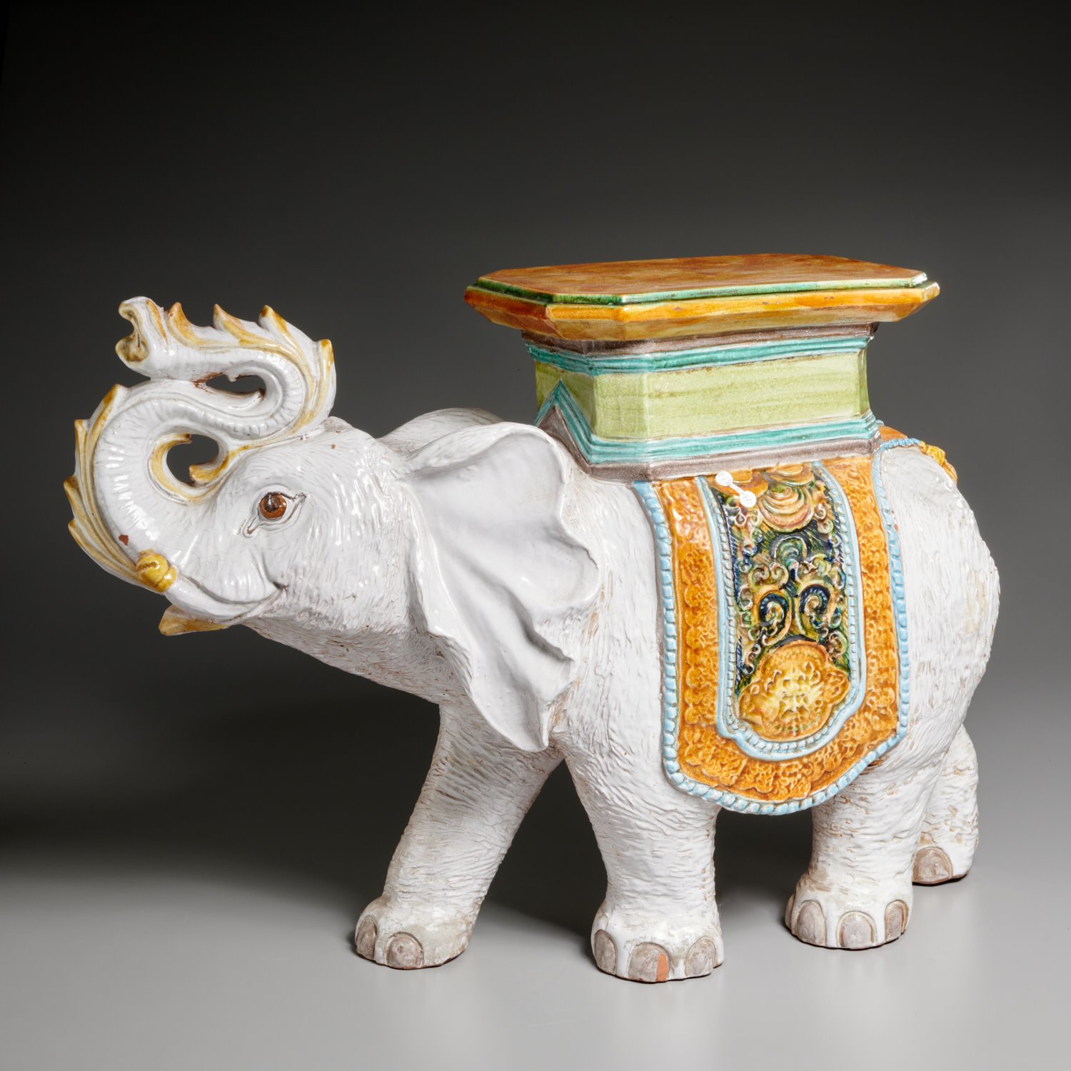 Appraisal: ITALIAN MAJOLICA ELEPHANT GARDEN STOOL th c polychrome tin glazed