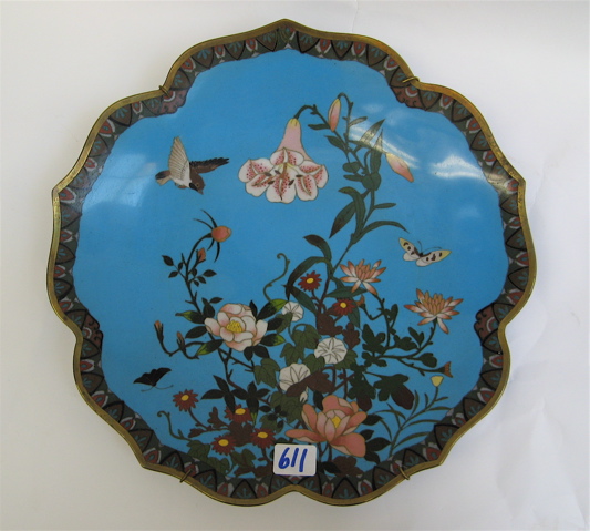 Appraisal: JAPANESE CLOISONNE WALL PLATE decorated with colorful flowers and butterflies