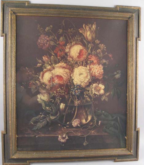 Appraisal: T Burger Chromolithograph of Flowers in Bowl Framed under glass