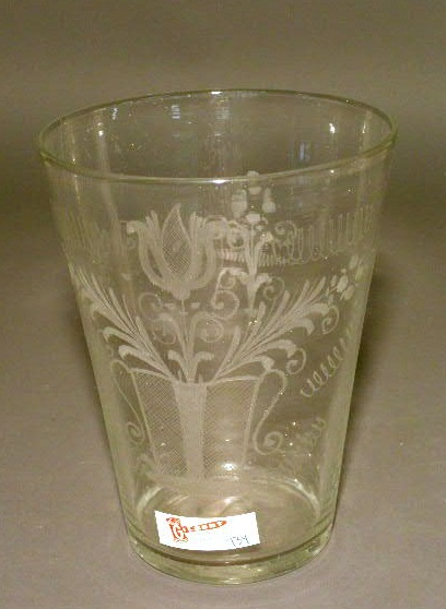 Appraisal: Stiegel type flip glass tumbler with wheel etched tulip decoration