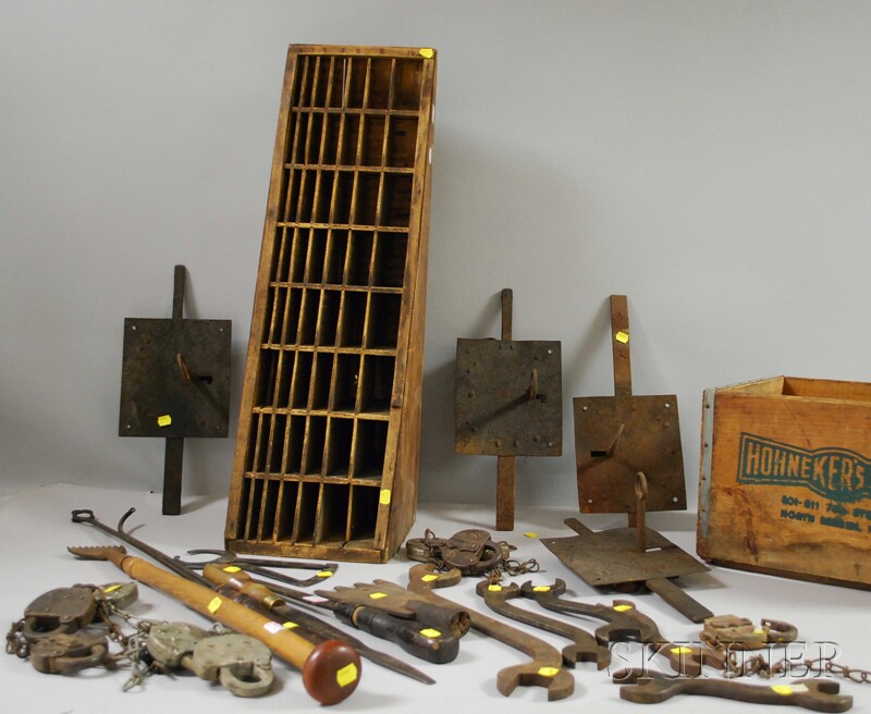 Appraisal: Group of Mostly Railroad-related Tools Locks and a Wooden Compartmented