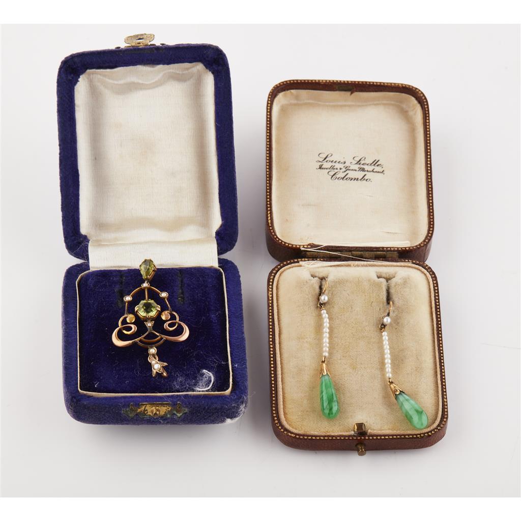 Appraisal: A pair of pearl and jade set pendant earrings each