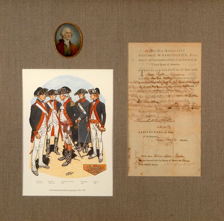 Appraisal: GEORGE WASHINGTON-SIGNED DISCHARGE AND BADGE OF MERIT FOR ARTILLERYMAN Partially-printed